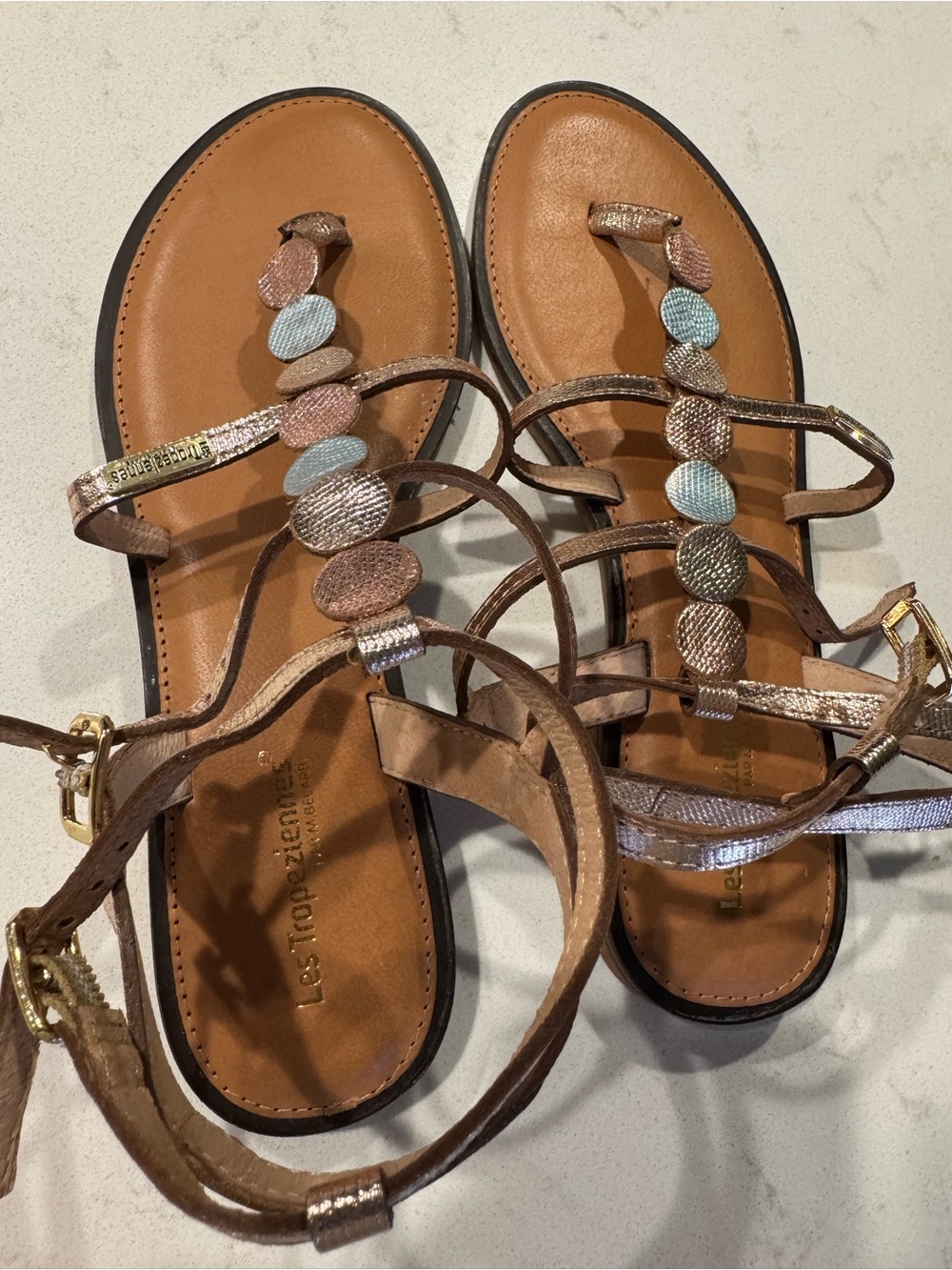 Tropeziennes size 39Women’s Metallic Gold T-Strap Sandals - Picture 10 of 11